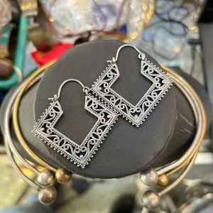 Brass Silver Plated Designer Boho Afghani Brass Hoops Tribal Mandala Filigree Earrings