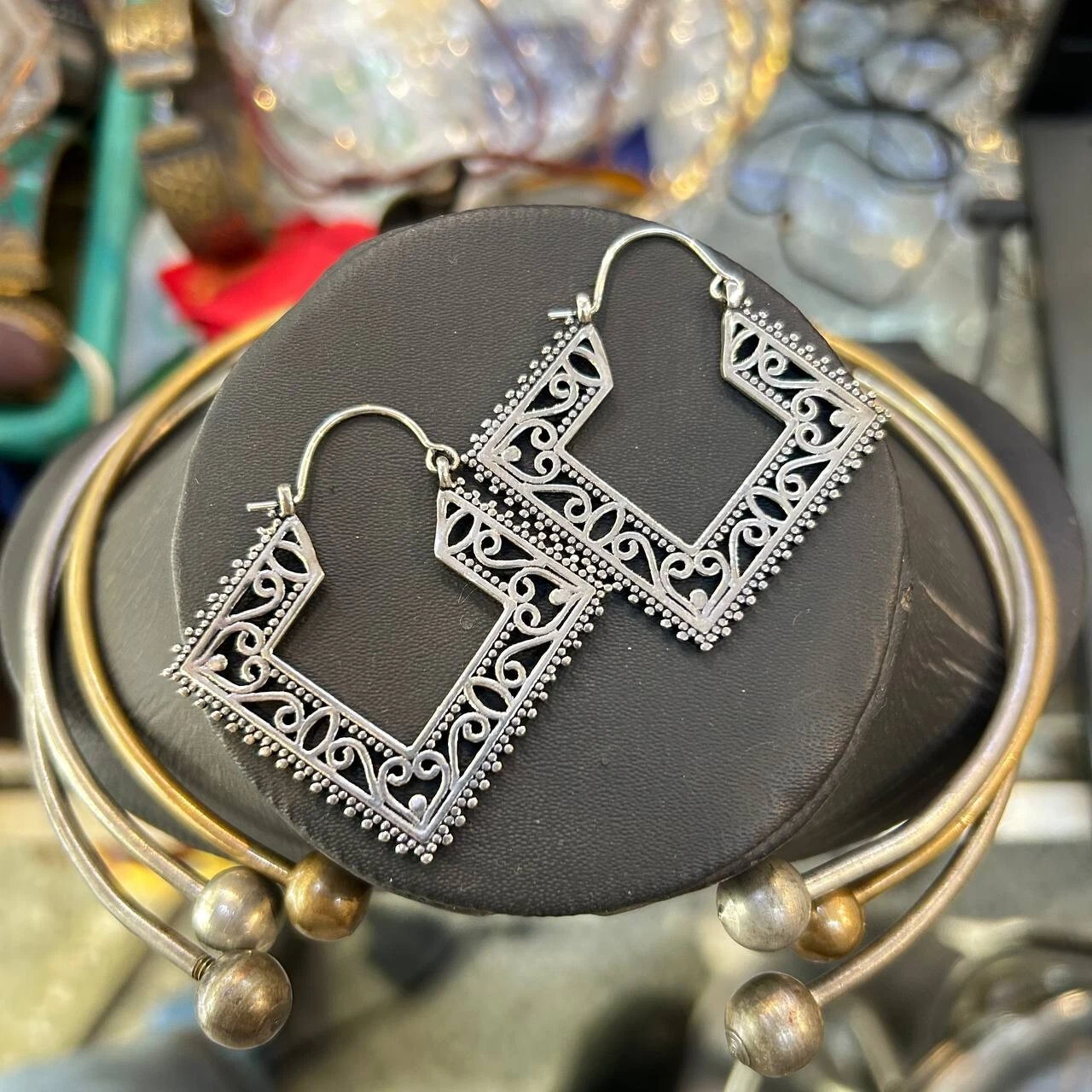 Brass Silver Plated Designer Boho Afghani Brass Hoops Tribal Mandala Filigree Earrings