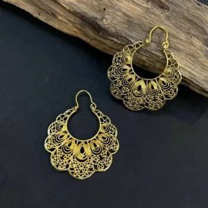 Etruscan Byzantine Hoop Gold tone Filigree Circle Gypsy Statement Earrings