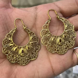 Etruscan Byzantine Hoop Gold tone Filigree Circle Gypsy Statement Earrings