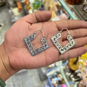 Brass Silver Plated Designer Boho Afghani Brass Hoops Tribal Mandala Filigree Earrings